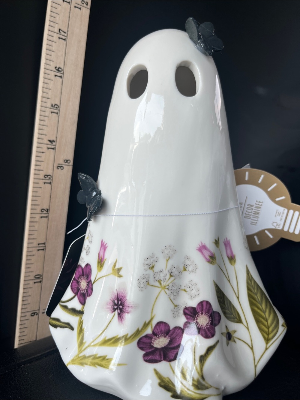 Decorative Ceramic Floral Ghost Accent - White with Purple Flowers